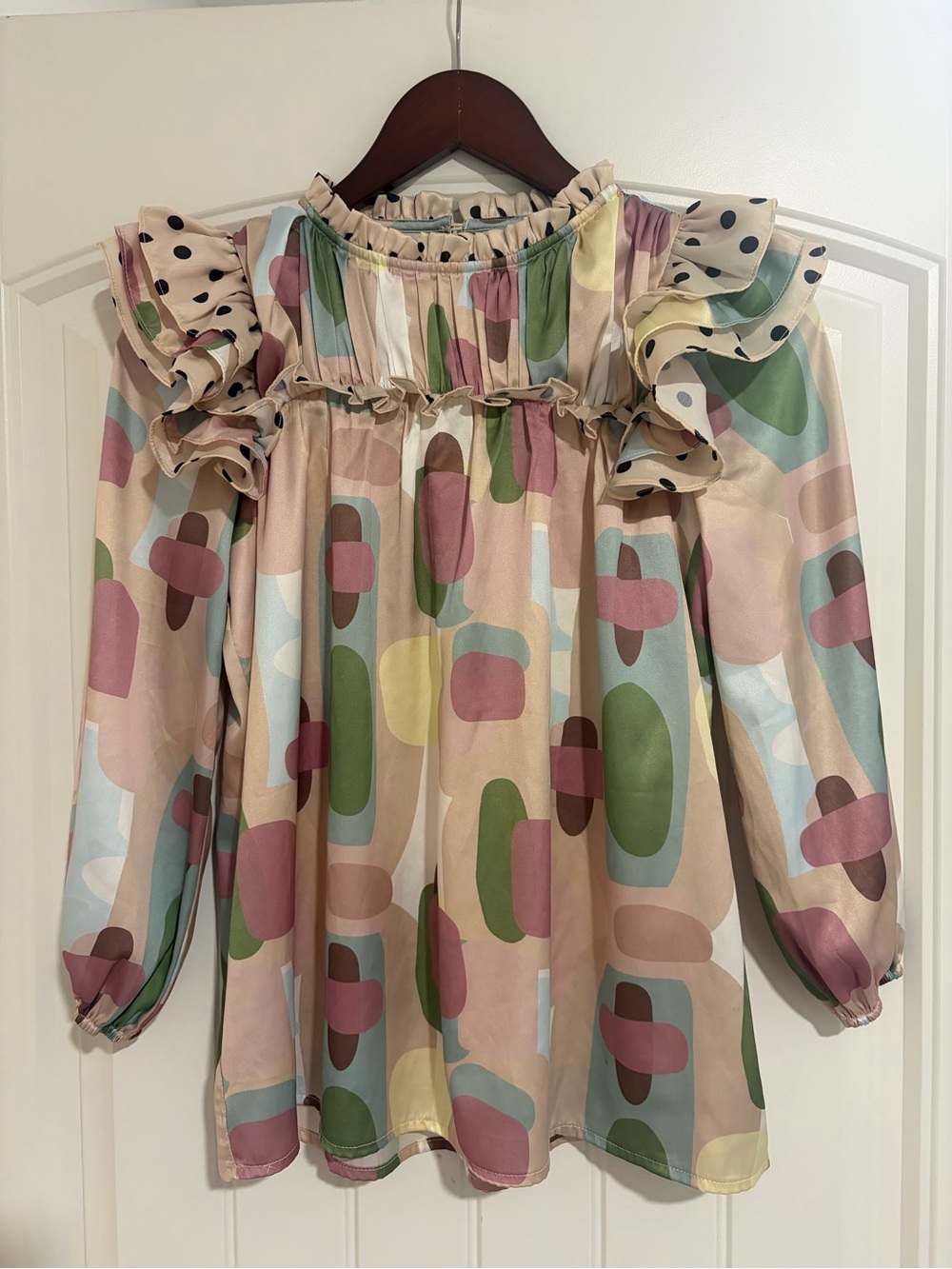 Girls' Multicolor Ruffle Neck Long Sleeve Blouse